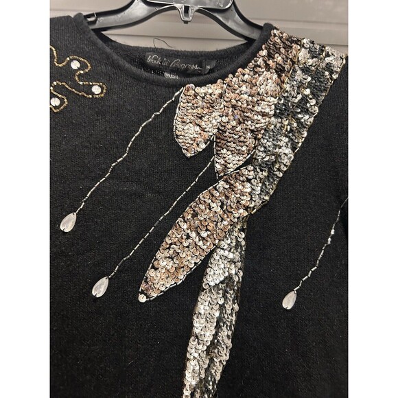 Vintage 1980’s Black Silver Gold Sequin Silk Angora Blend Sweater Size Medium - Picture 3 of 5